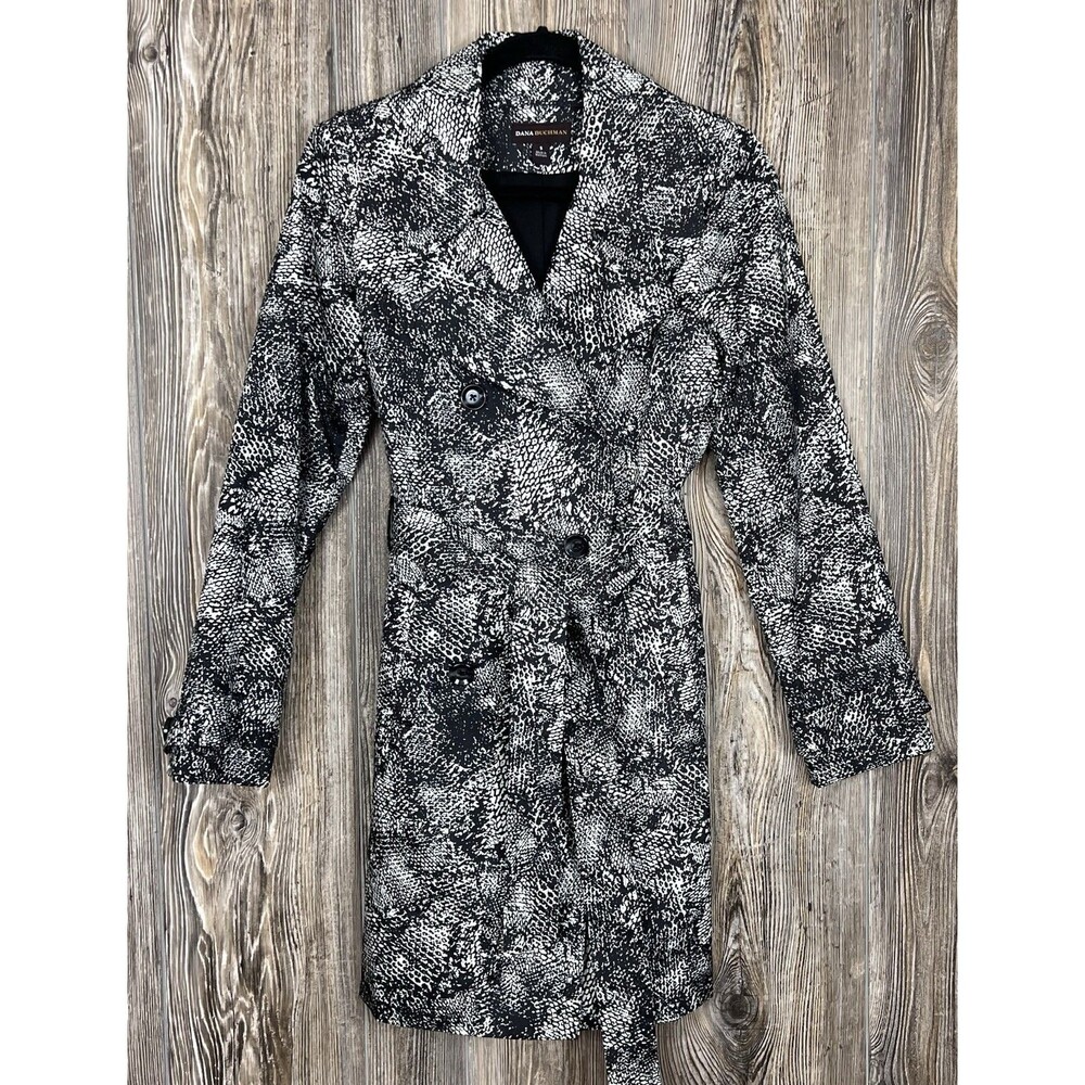 Dana Buchman Women's S Snake Print Rain Trench Coat Belt Edgy Chic Urban Glam